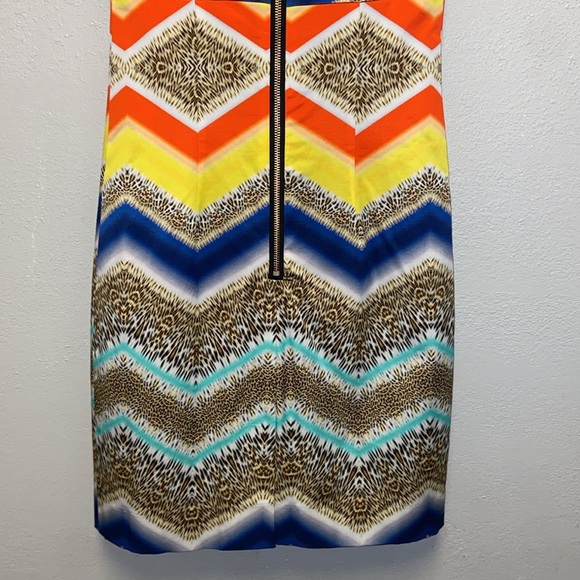 Milly Sleeveless Multicolor Cheetah Chevron Lined Panel Shift Mini Dress - Picture 8 of 12